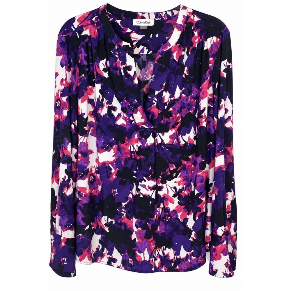 Calvin Klein Womenโs Watercolor Floral Blouse Purple Pink Stretch Career Top